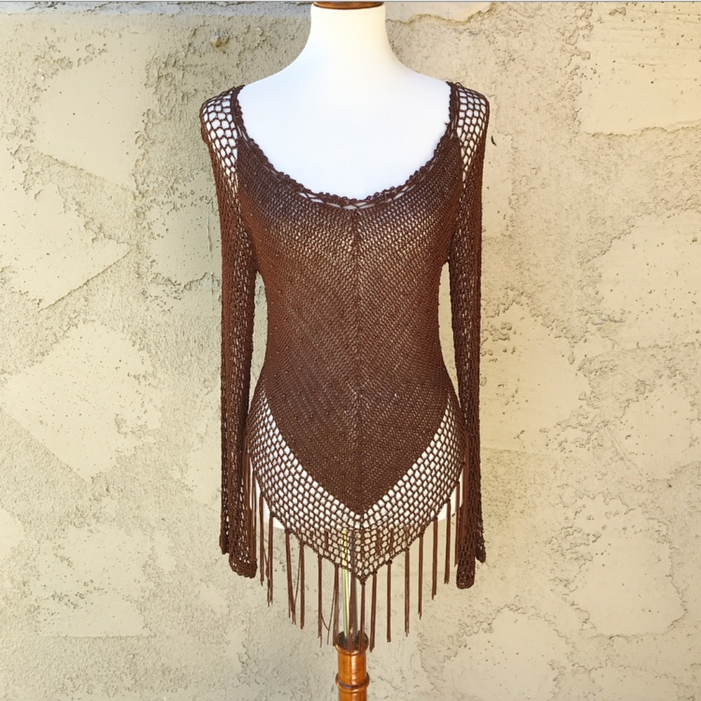Brown Netted Crotchet Sheer Beach Top L